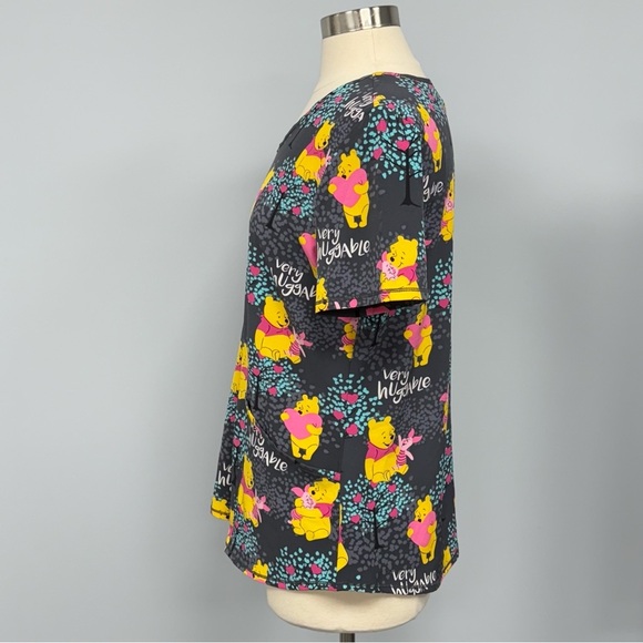 Disney Pooh Bear & Piglet Scrub Top Size M Dark Gray Scrubs Nurse Uniform Smock - Picture 4 of 6